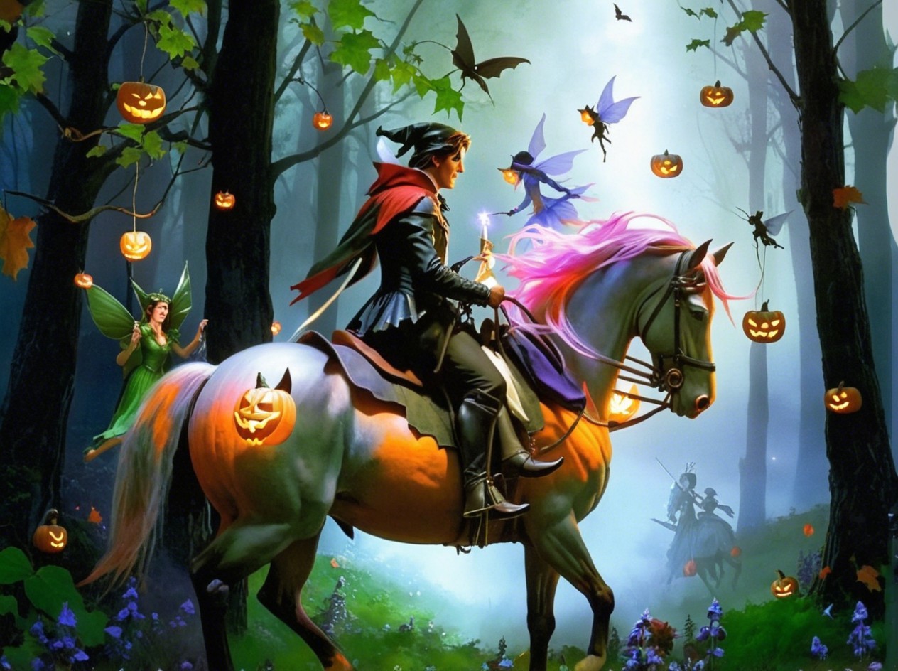 Cloaked Figure on Luminescent Horse in Enchanted Forest