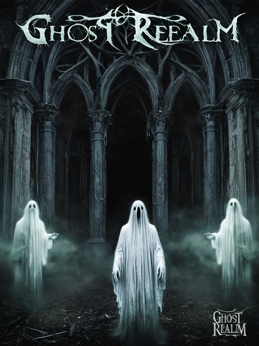 Eerie Gothic Setting with Ghostly Figures and Mist