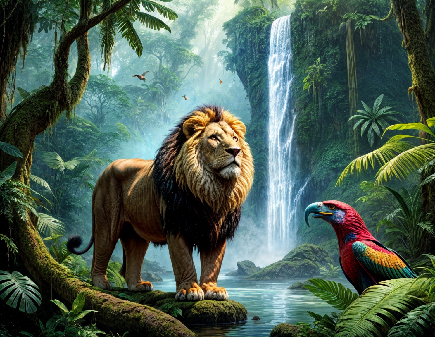 Lion by Tranquil Waterfall in Lush Jungle Setting