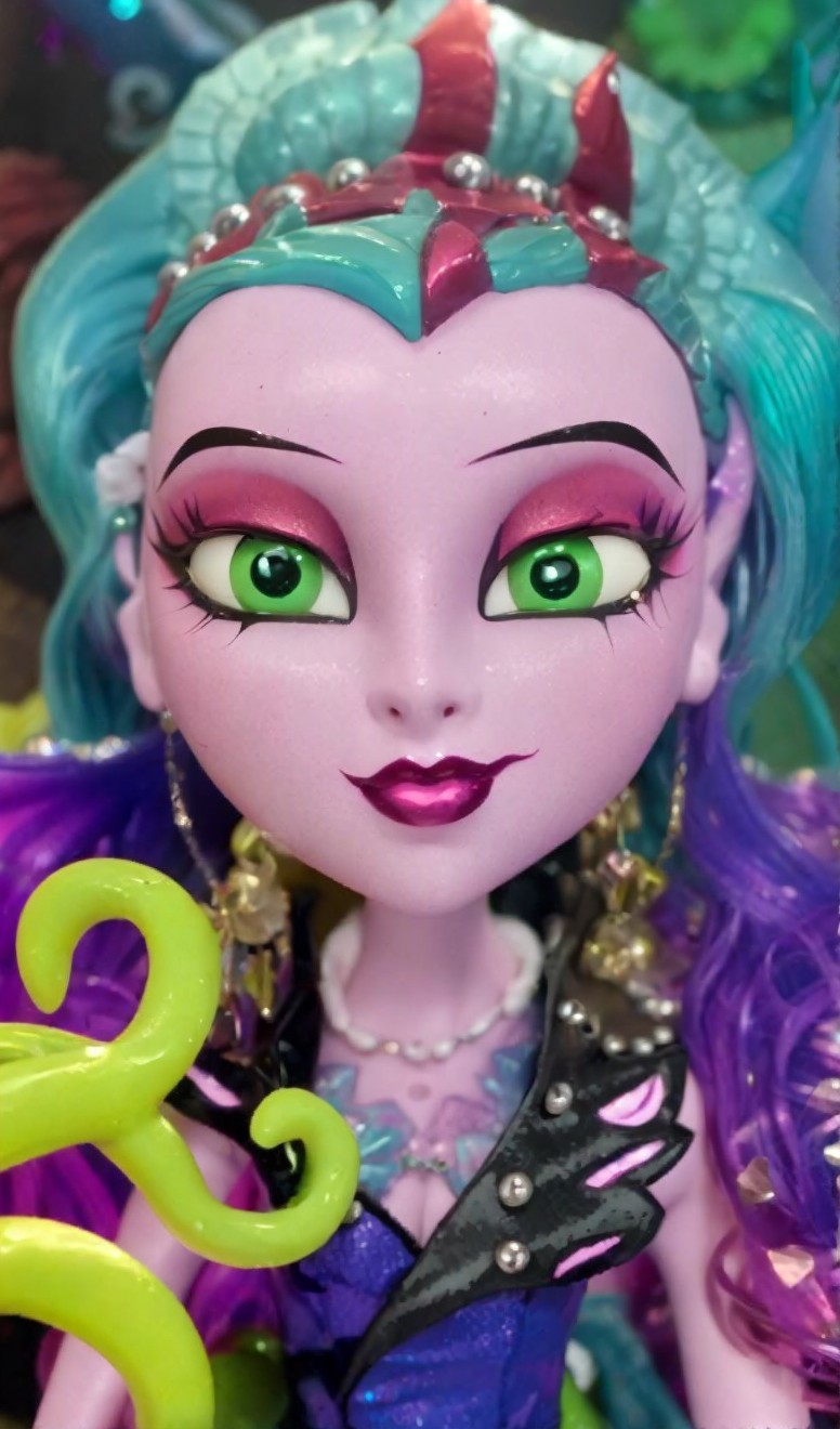 Vibrant Stylized Doll with Green Eyes and Bold Makeup