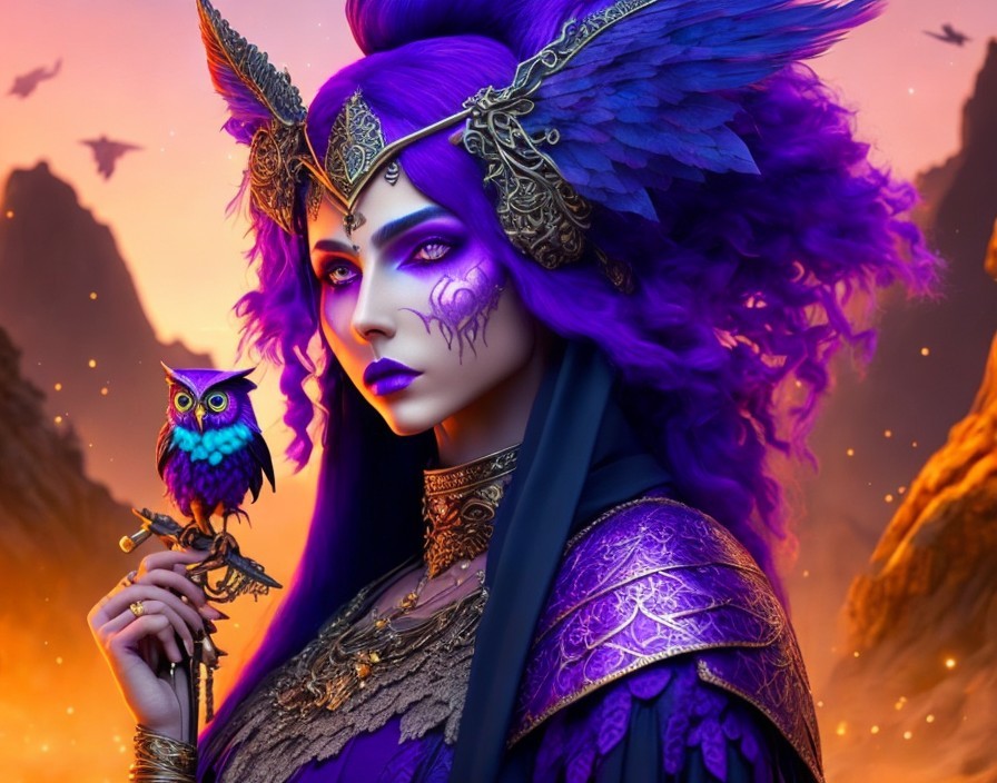 Mystical figure in purple attire with feathered headpieces