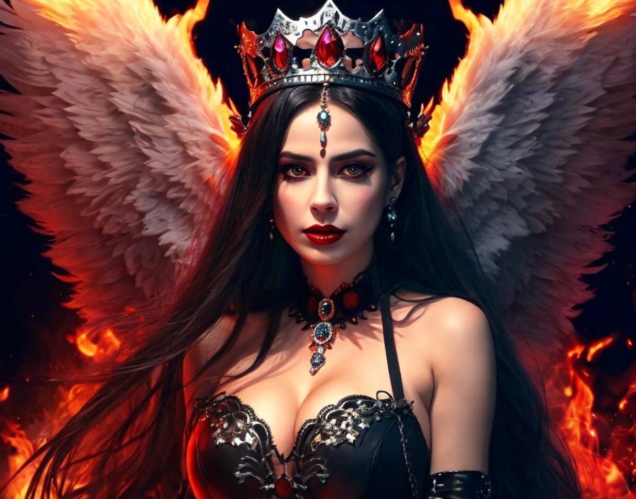 Dark Enchanting Figure with Feathered Wings and Flames