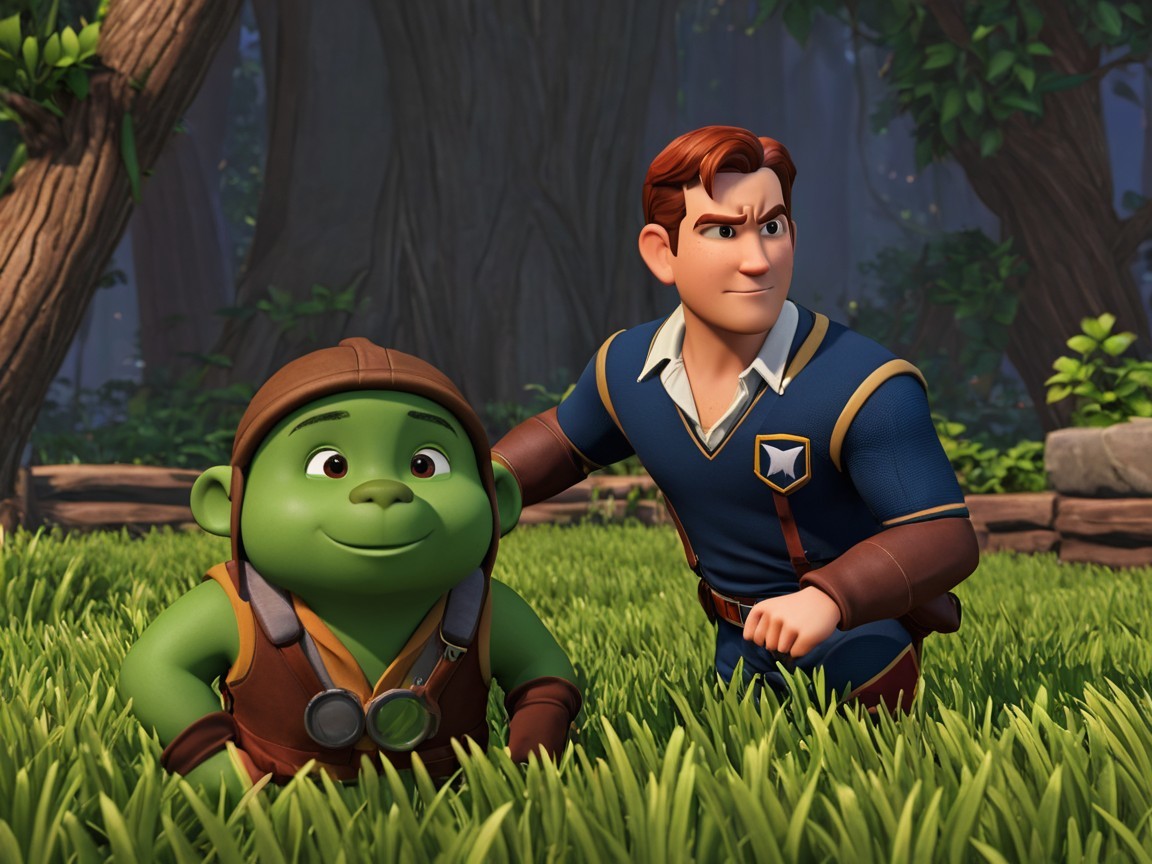 Young green-skinned character and man in vibrant forest