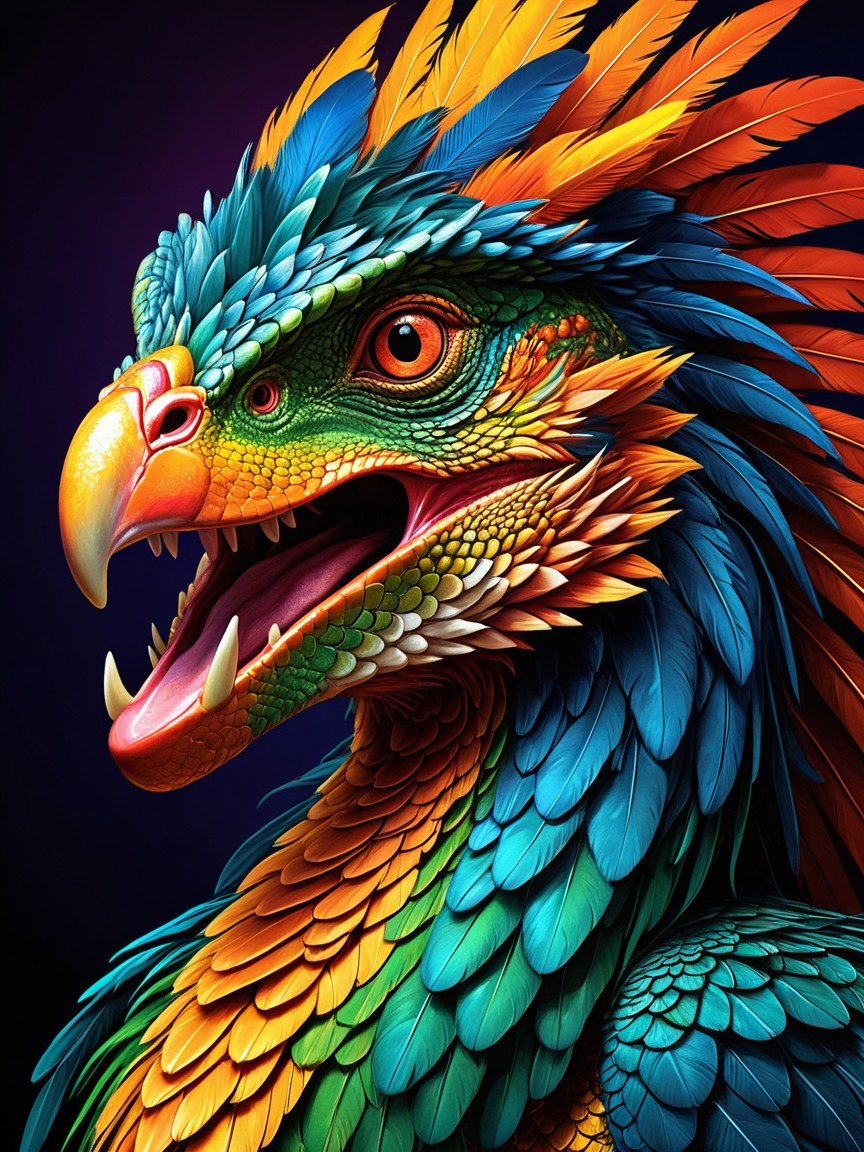 Vibrant Fantastical Creature with Colorful Feathers