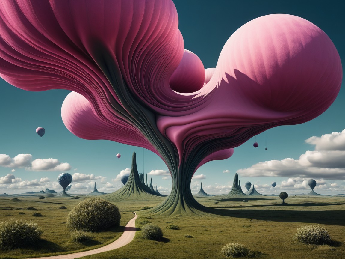 Surreal Landscape with Vibrant Pink Organic Structures
