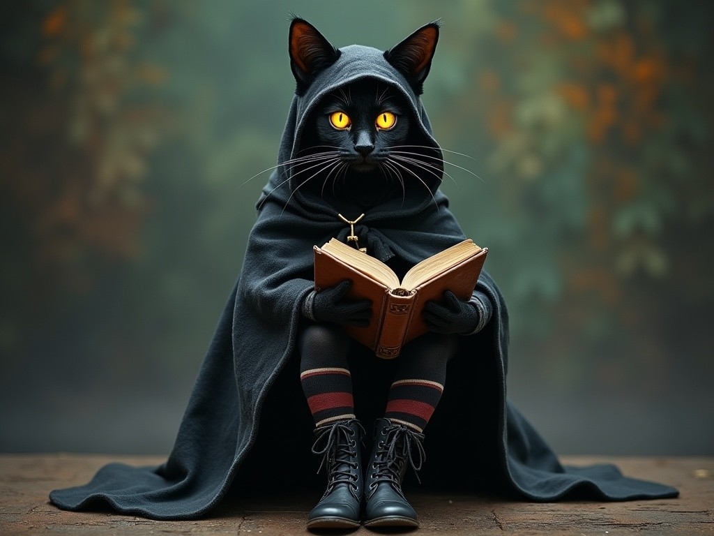 Mysterious Black Cat in Cloak with Open Book