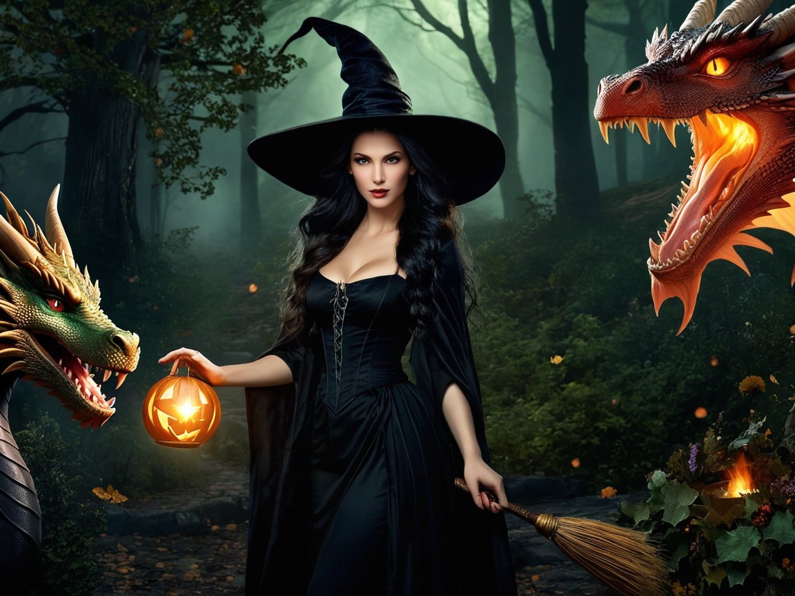 Witch with Pumpkin Lantern in Enchanted Forest Scene
