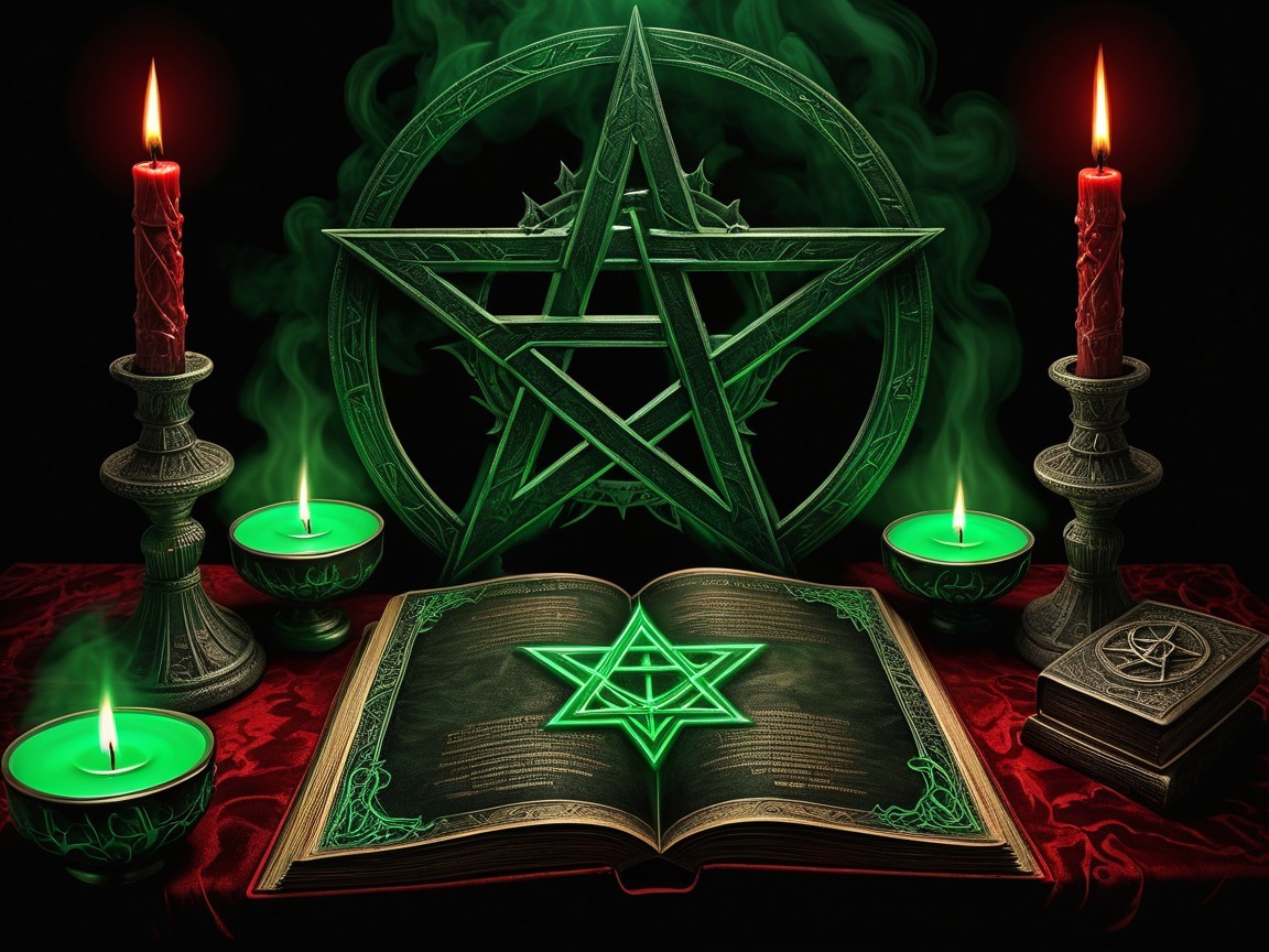 Mystical Scene with Green Pentagram and Candles