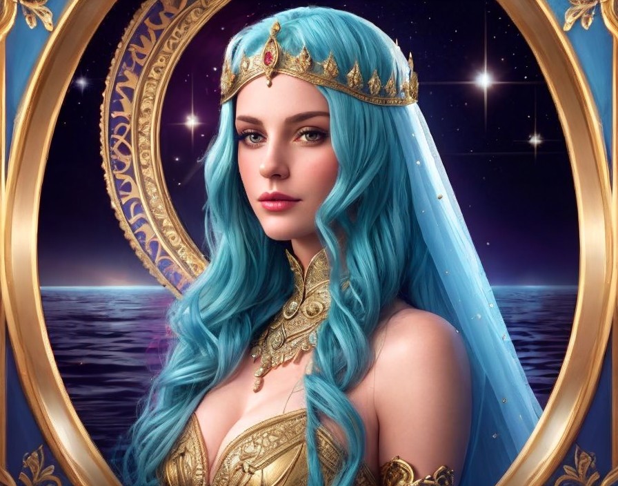 Regal figure with blue hair and golden attire