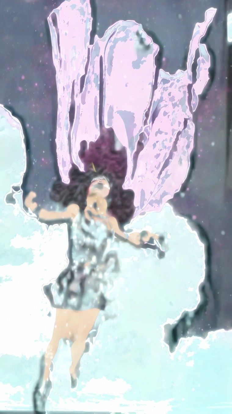 Whimsical figure in clouds with pink flowers
