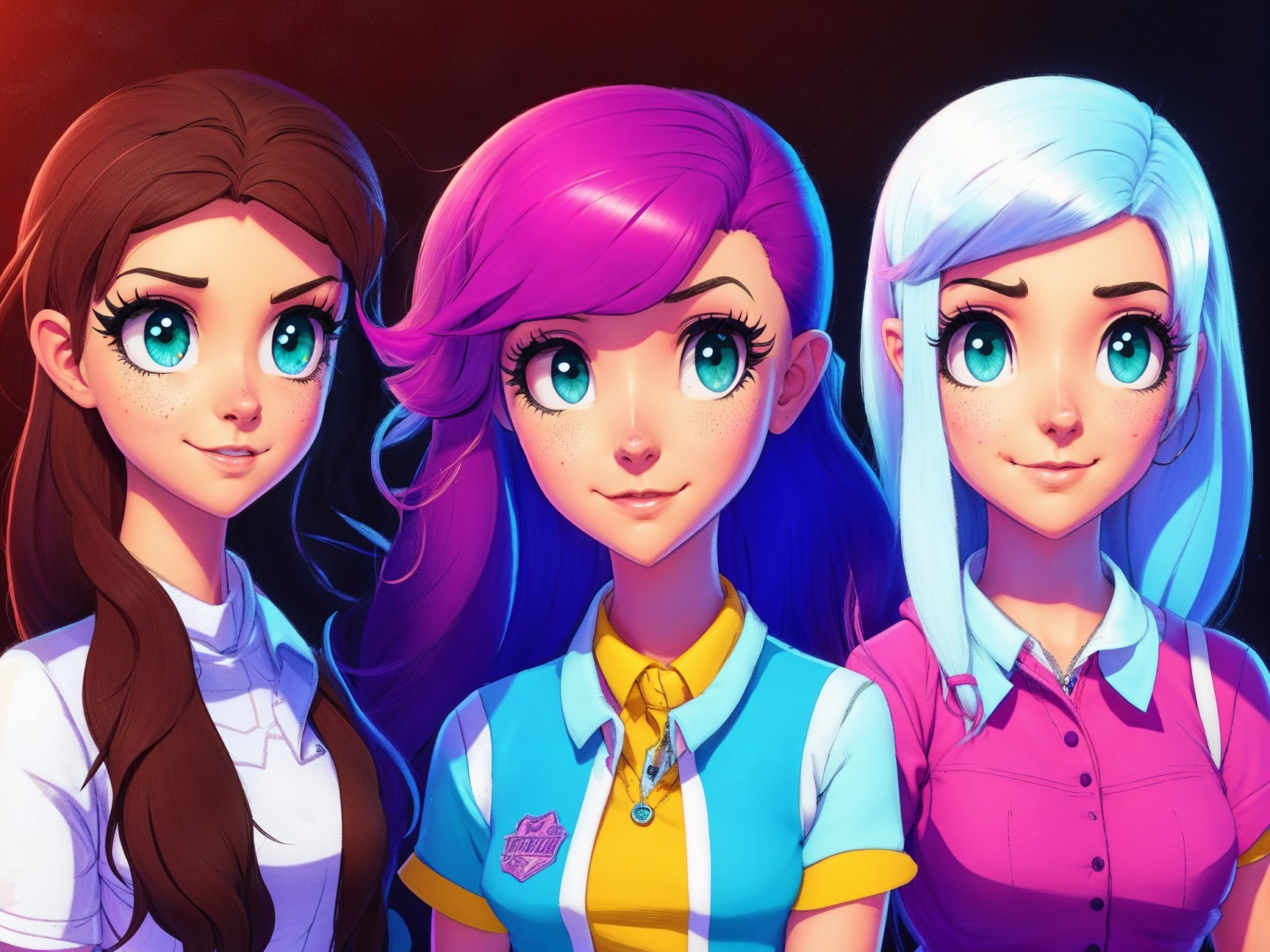 Three Animated Characters with Colorful Hair and Outfits