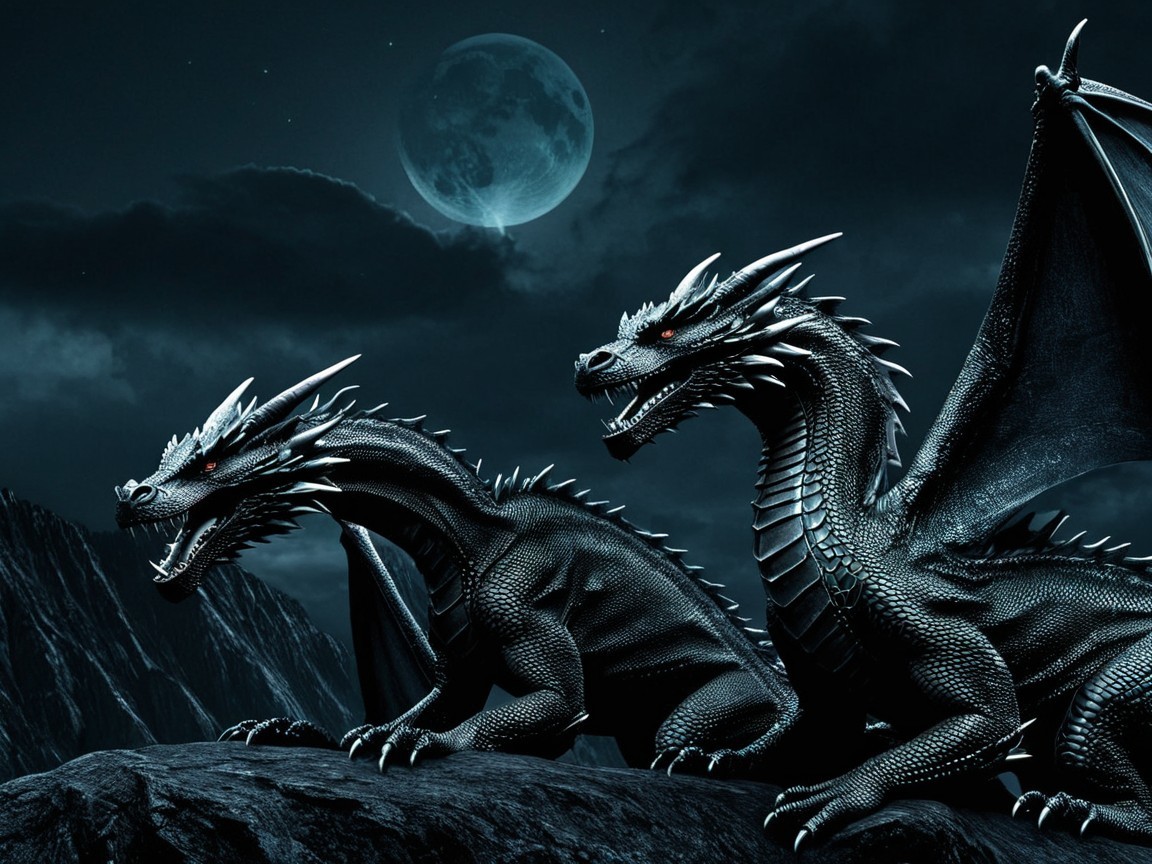 Black Dragons on Rocky Terrain Under Full Moonlight