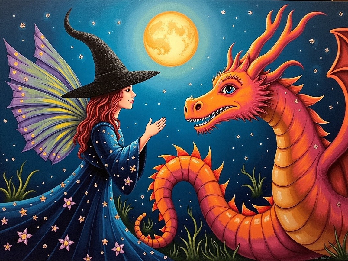 Young Witch and Orange Dragon Under Full Moon