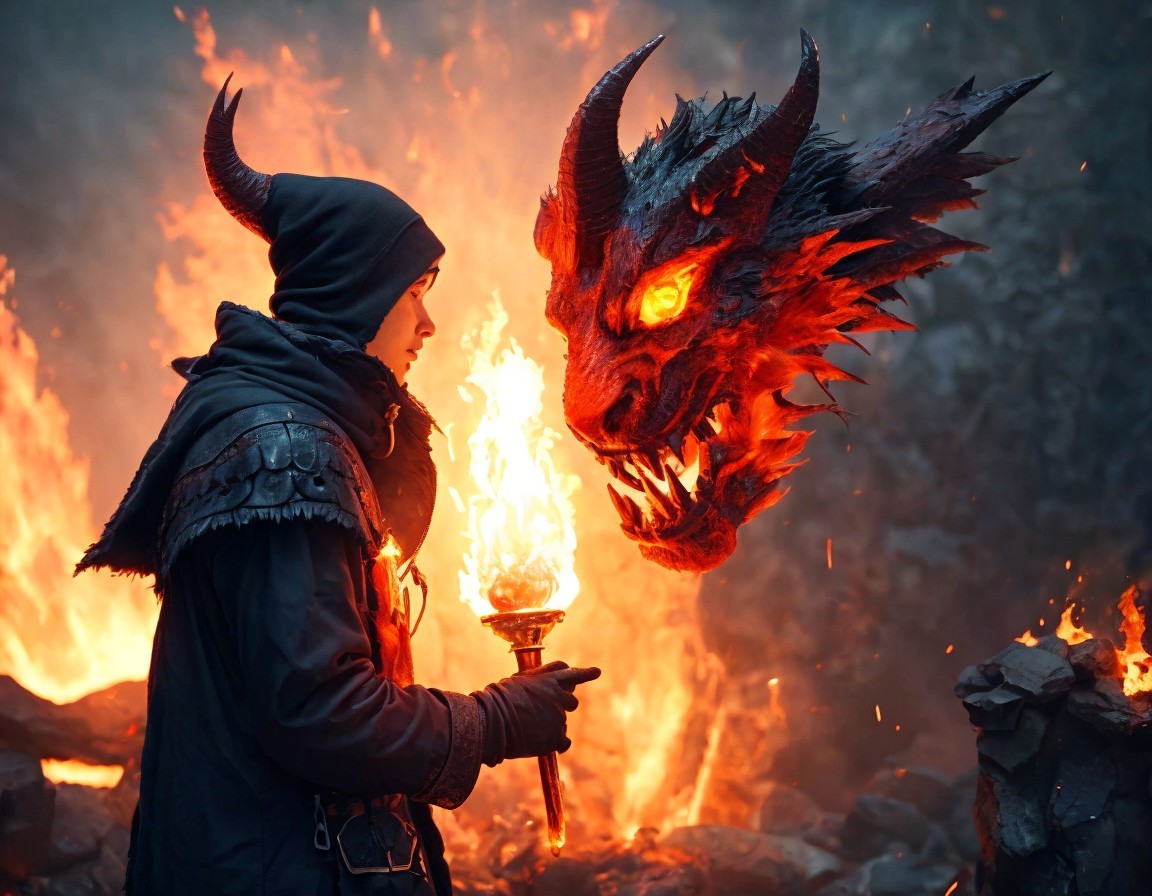 Cloaked Figure Confronts Dragon in Fiery Chaos