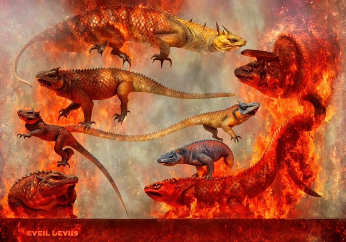 Vibrant Lizard-Like Creatures in Fiery Inferno Scene