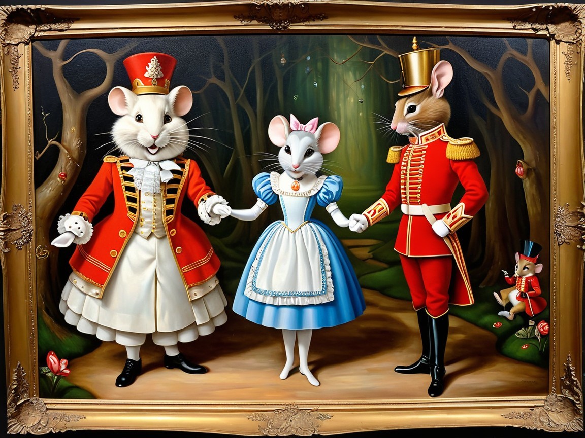 Golden Framed Painting of Mice in a Fantasy Forest