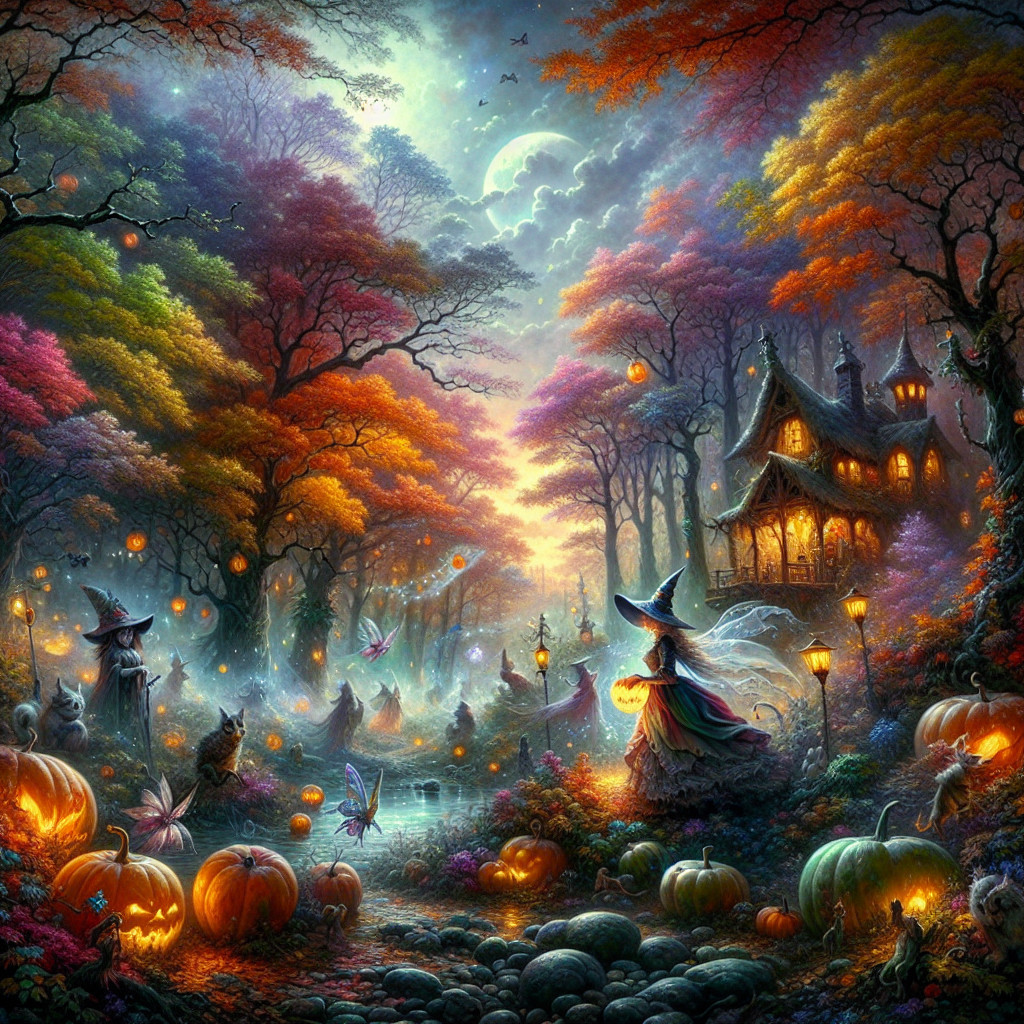 Enchanted forest scene with witches and jack-o'-lanterns