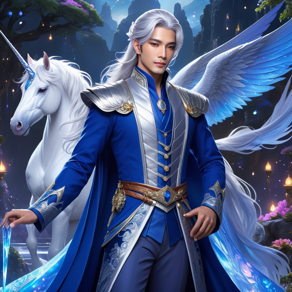 Regal Figure in Fantasy Realm with Unicorn and Armor