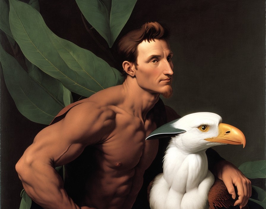 Muscular Man and Mythical Eagle in Lush Setting