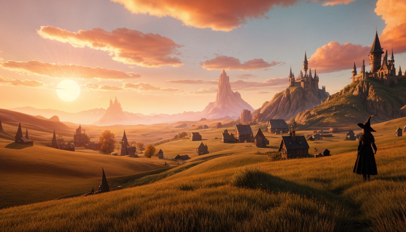 Sunset Landscape with Castle and Rolling Hills