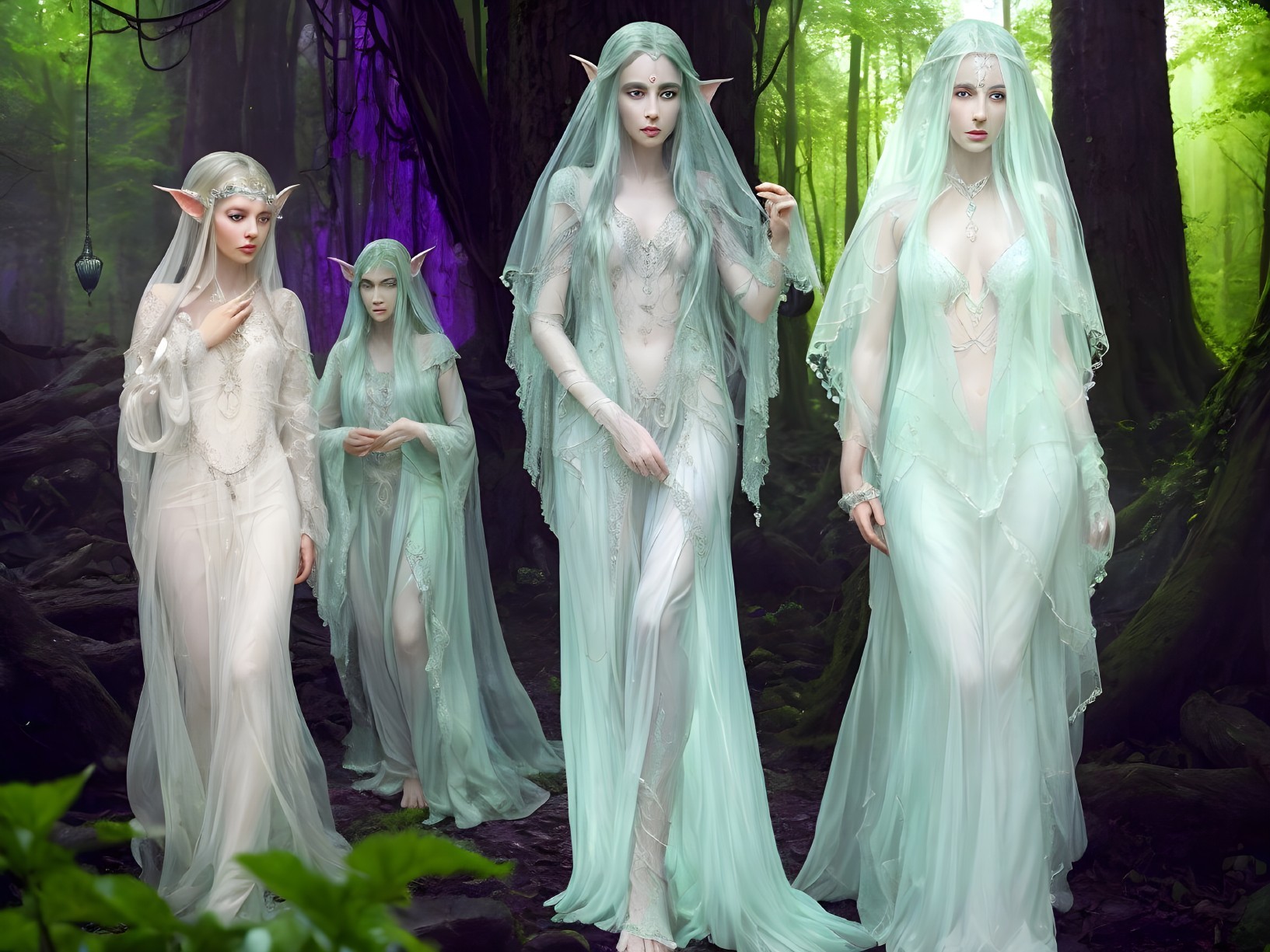 Ethereal Figures in a Mystical Forest Setting