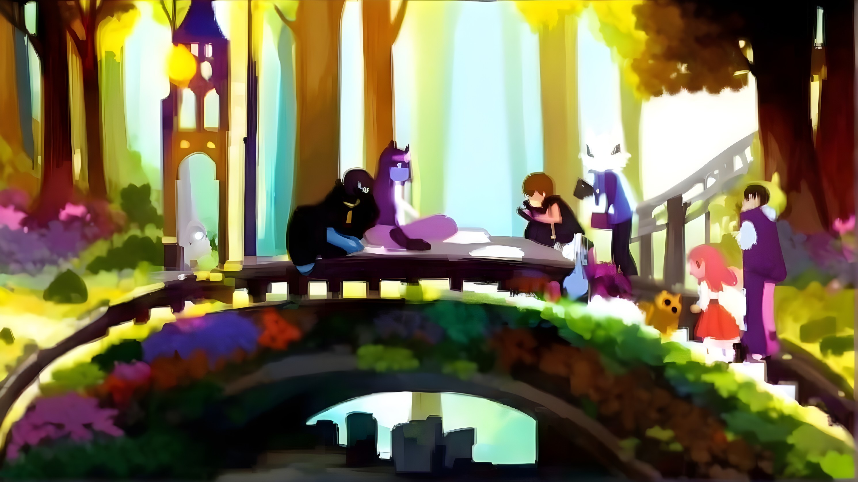 Gathering of Characters on a Flower-Adorned Bridge