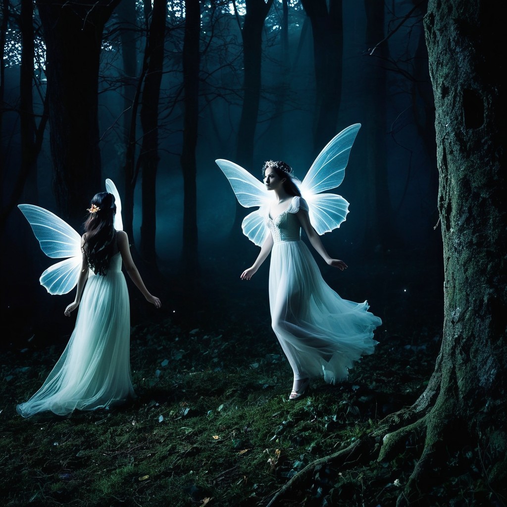 Mystical Forest with Ethereal Winged Figures Dancing