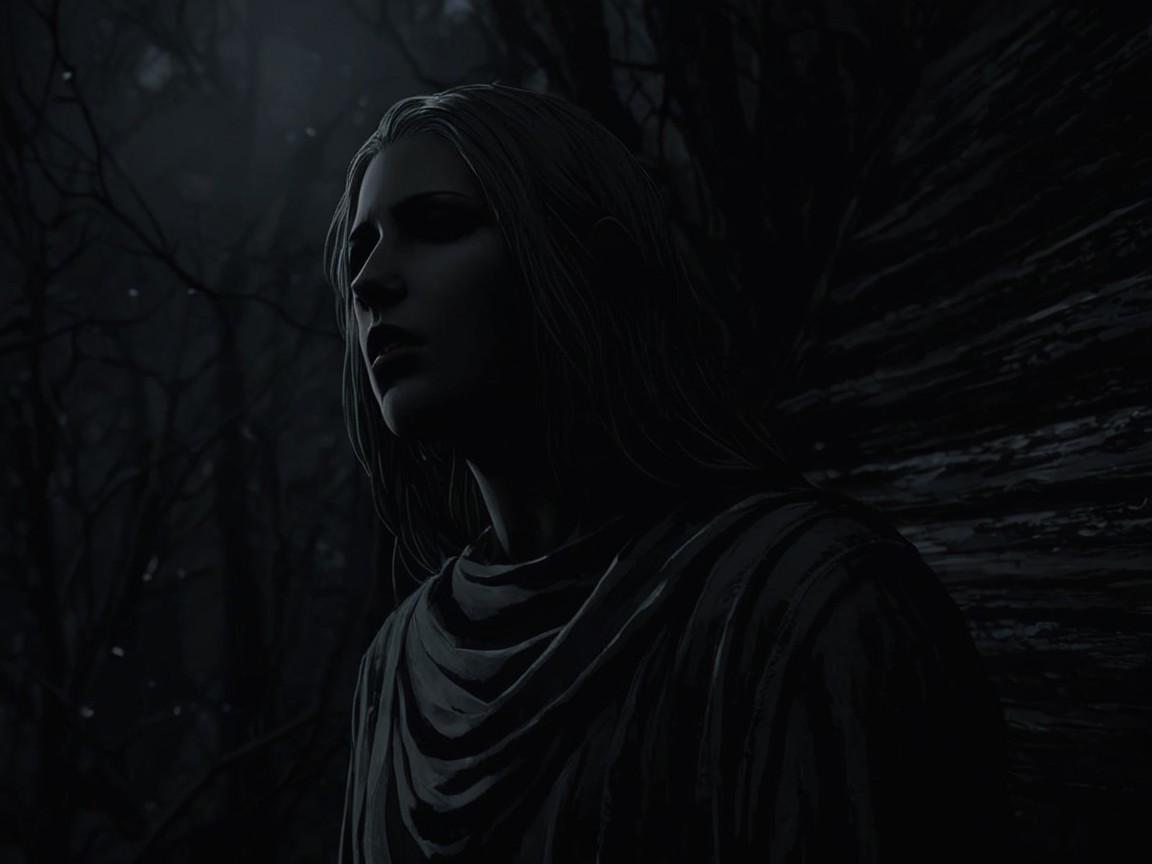 Shadowy Figure in Dark Forest with Mysterious Light