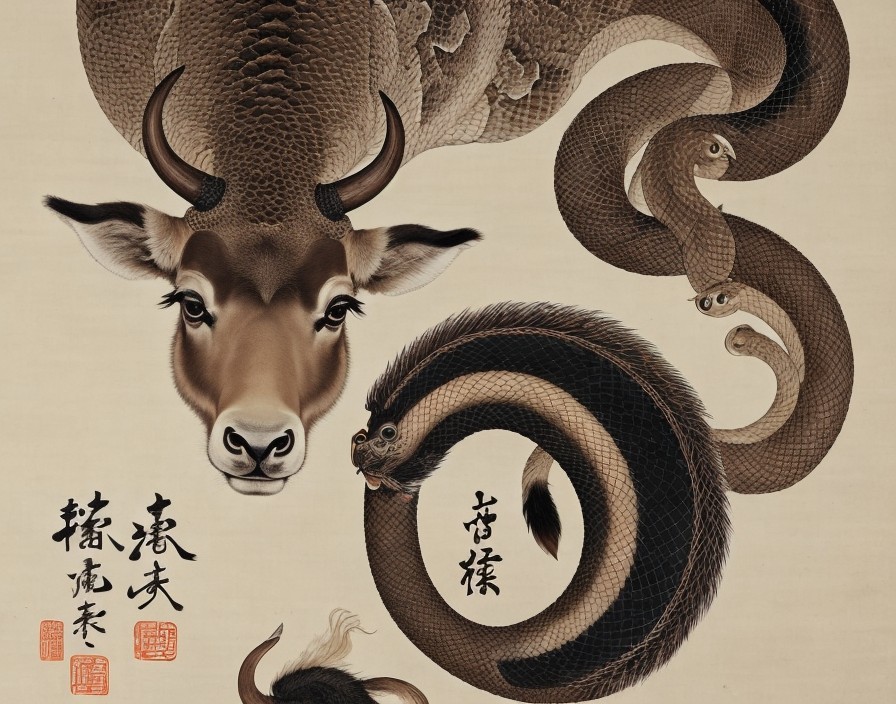 Traditional Artwork of Bull, Snake, and Mongoose