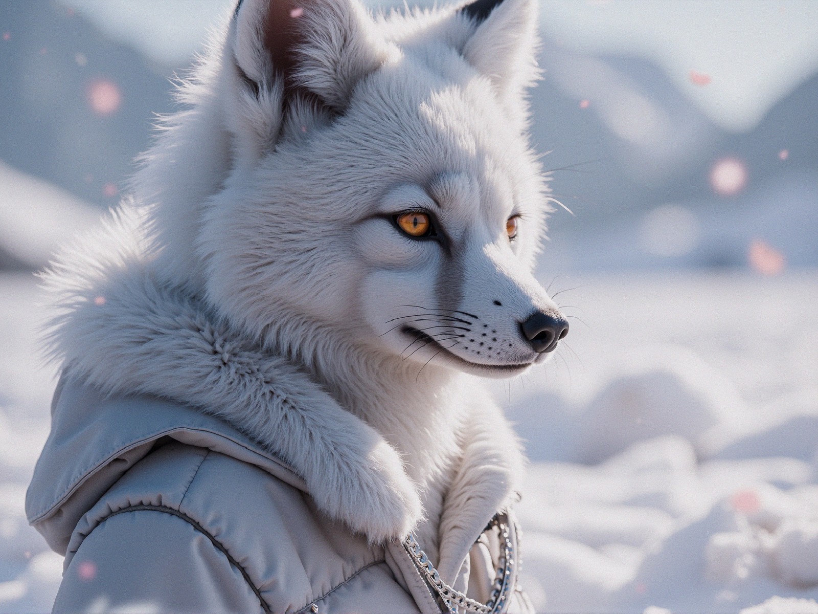 Stylized anthropomorphic fox in snowy landscape scene