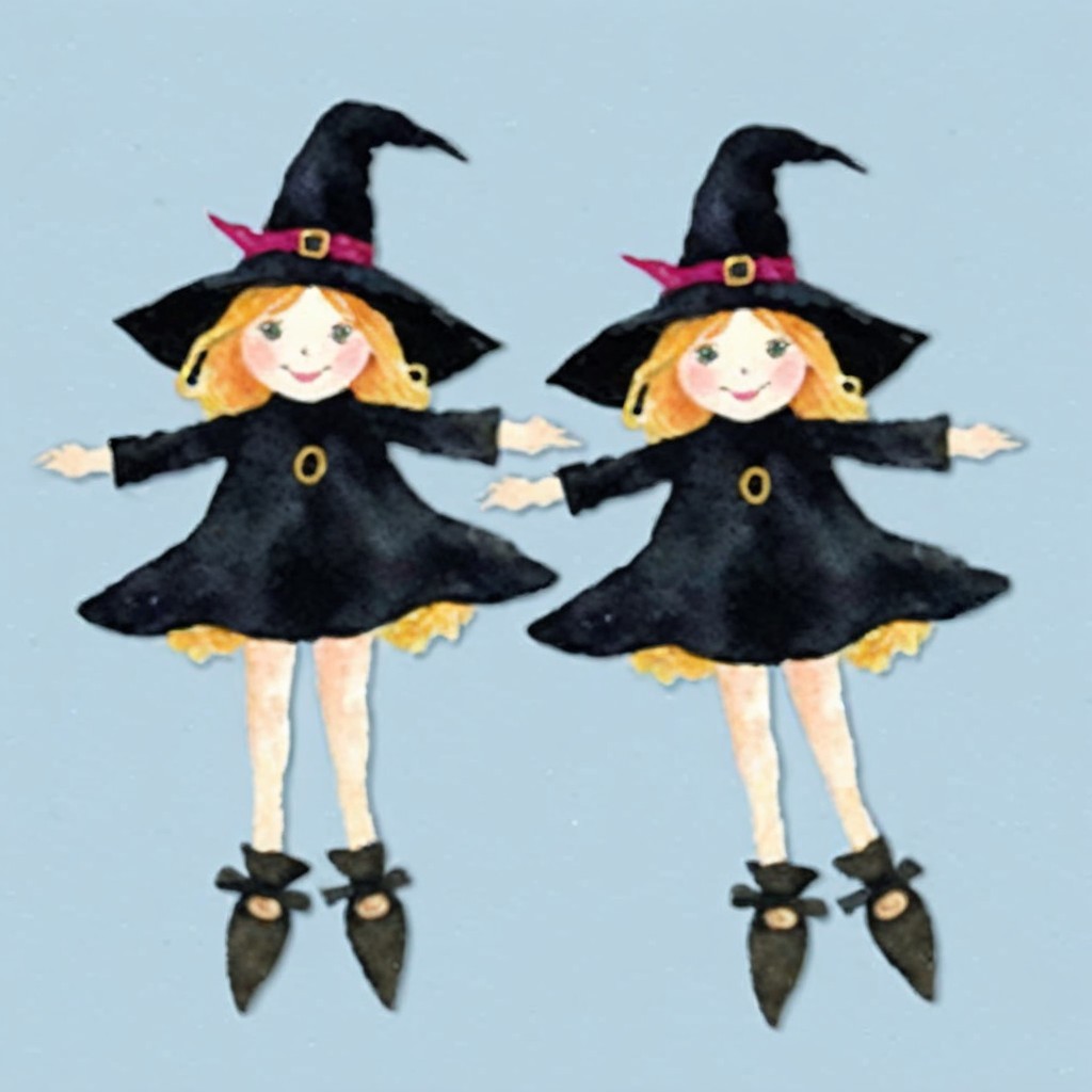 Cartoon Witches in Black Dresses and Pointed Hats