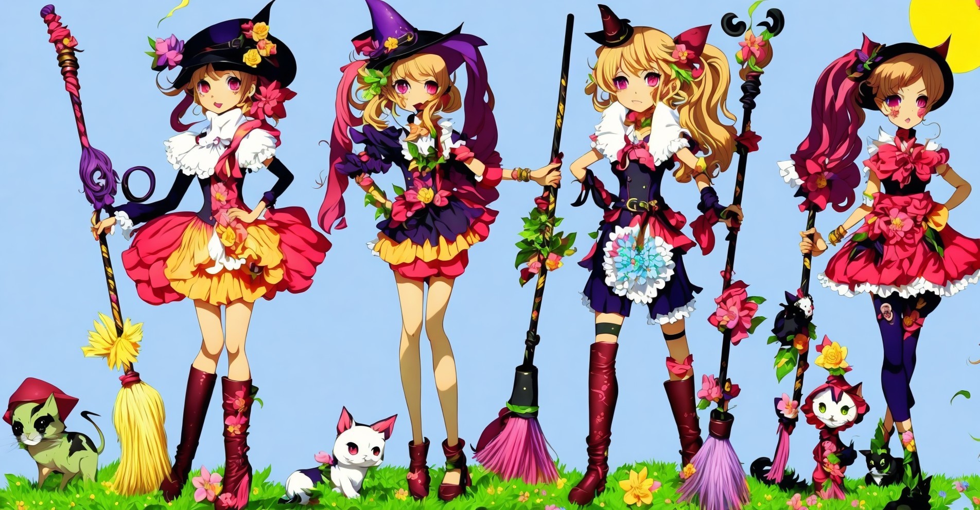 Colorful Witches with Unique Accessories in Bright Scene