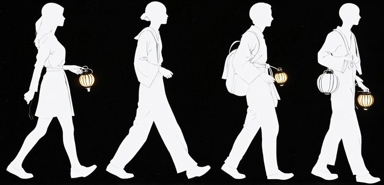 Silhouette Figures Walking with Lanterns in Traditional Attire