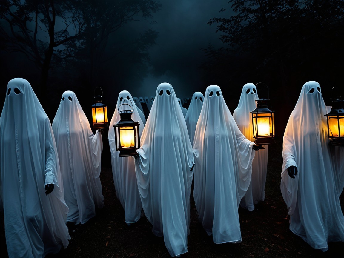 Ghostly Figures in White Sheets in Dark Forest