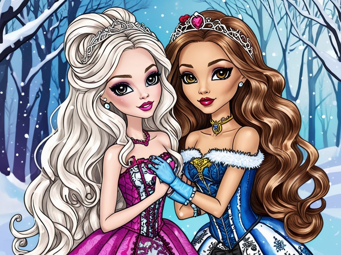 Elegant dolls in snowy landscape with winter attire