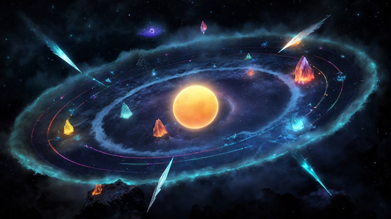 Vibrant Cosmic Landscape with Radiant Sun and Galaxies