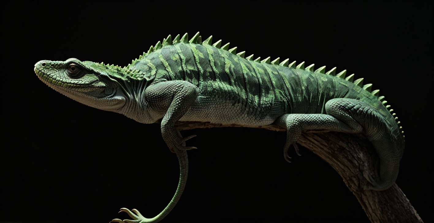 Green Lizard on Branch with Textured Skin and Spines
