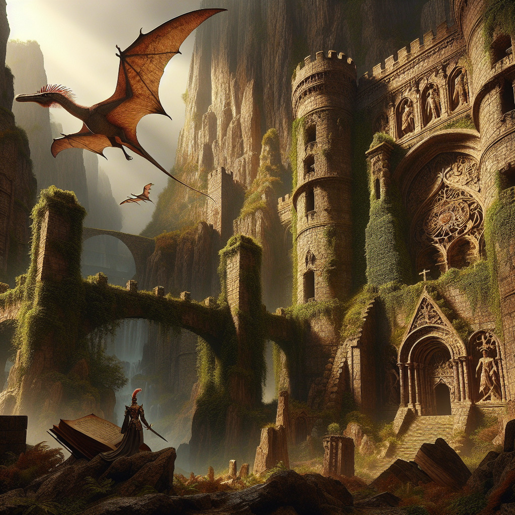 Mystical Castle Surrounded by Cliffs and Pterosaurs