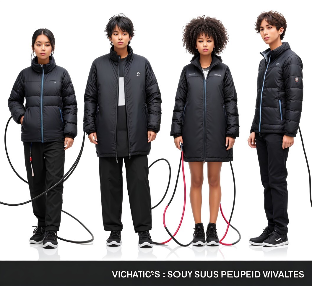 Stylish Individuals in Black Puffer Jackets and Cables