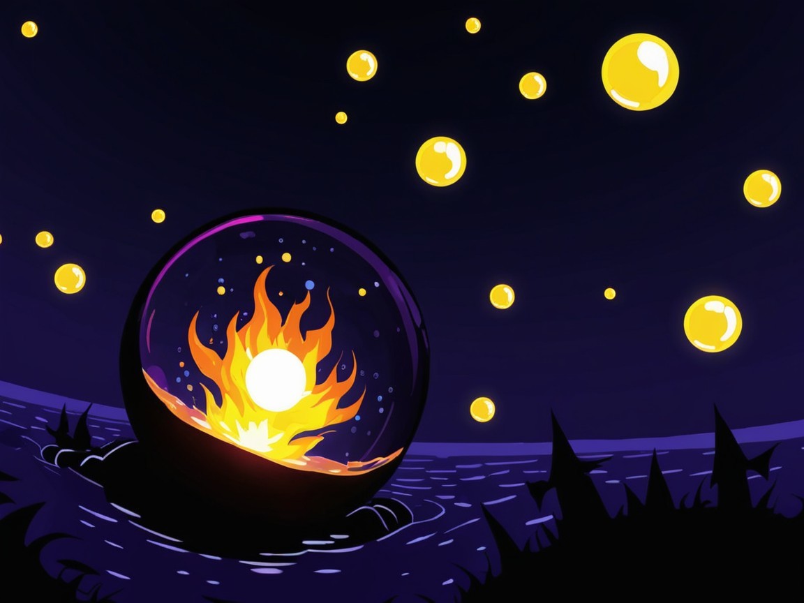 Glowing Orb and Flames Above Tranquil Water Scene