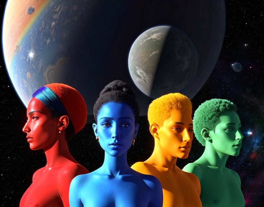 Four Women in Vibrant Colors Against Cosmic Background