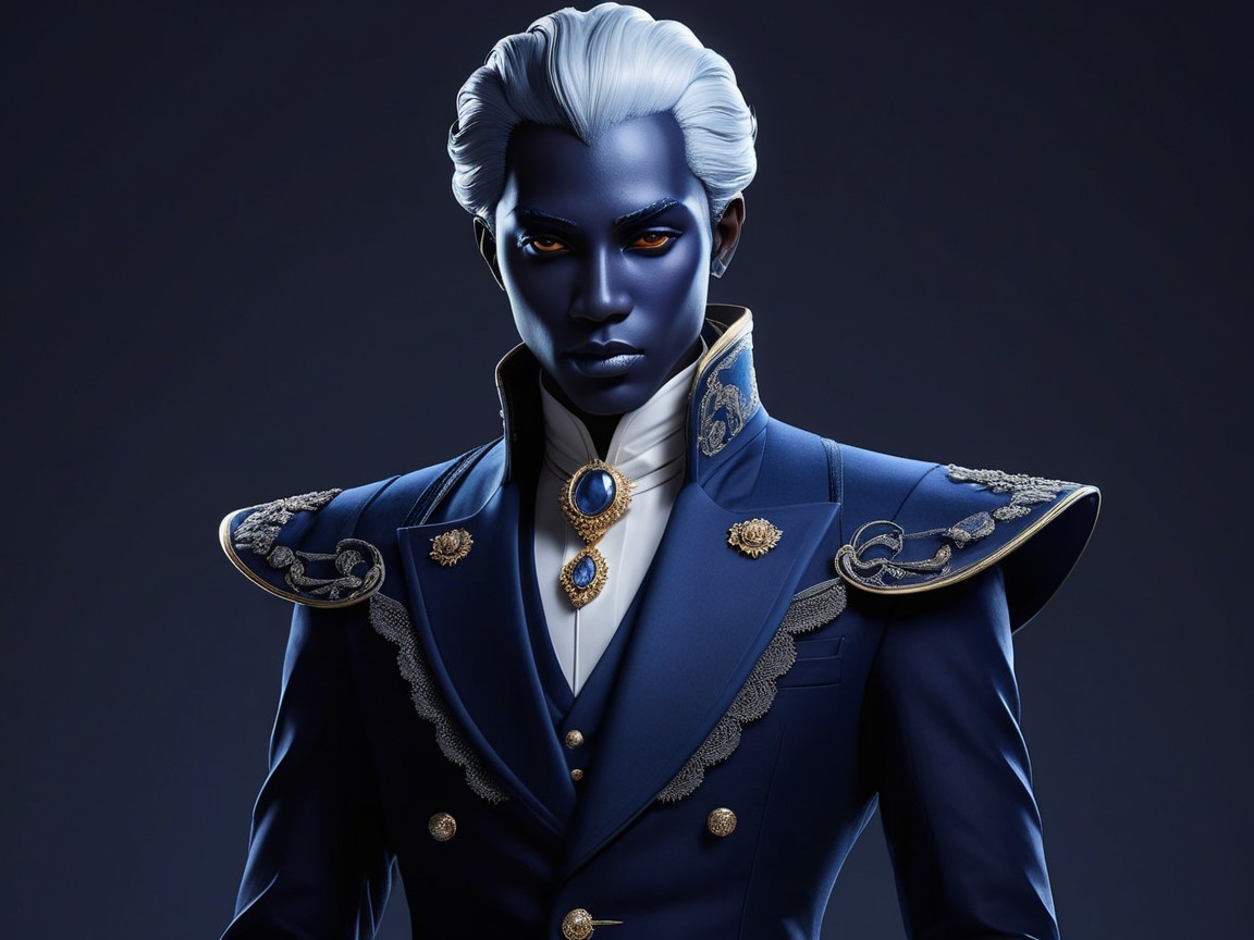 Character Description: Blue Skin, Orange Eyes, Navy Suit