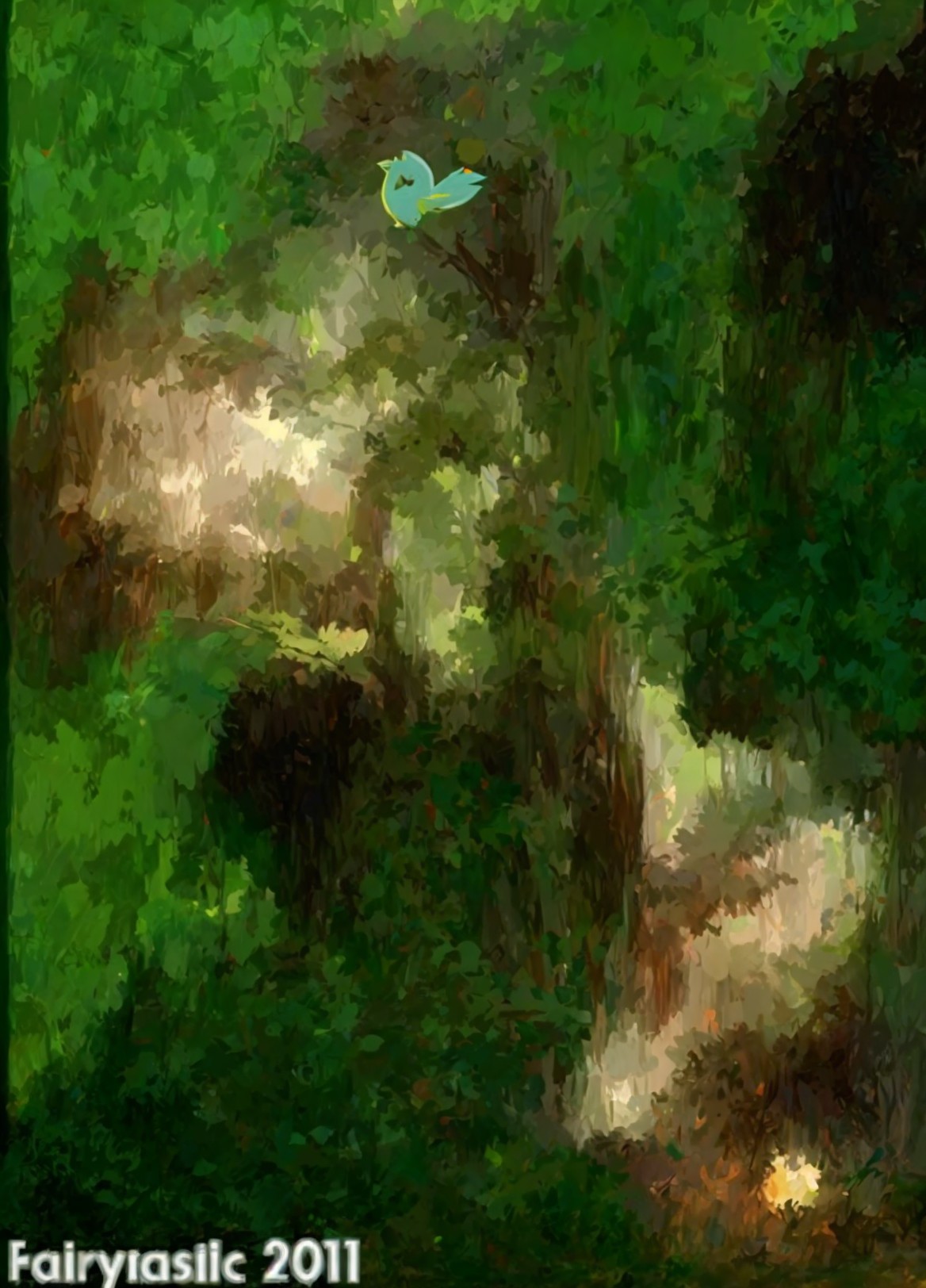 Abstract Landscape with Vibrant Greens and Blue Bird