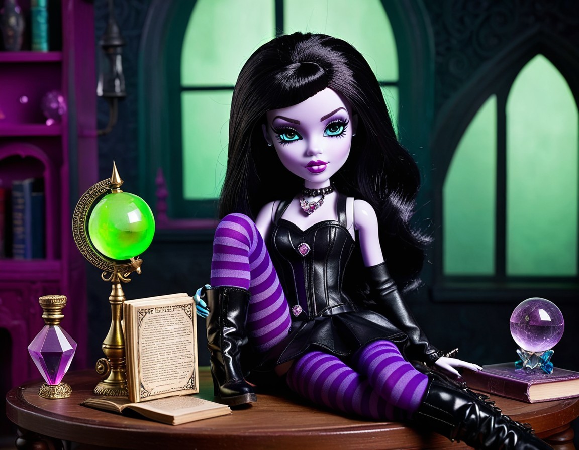 Mystical Doll with Black Hair and Green Eyes Displayed