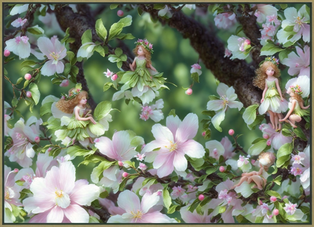 Fairies Among Blooming Apple Blossoms in a Whimsical Scene