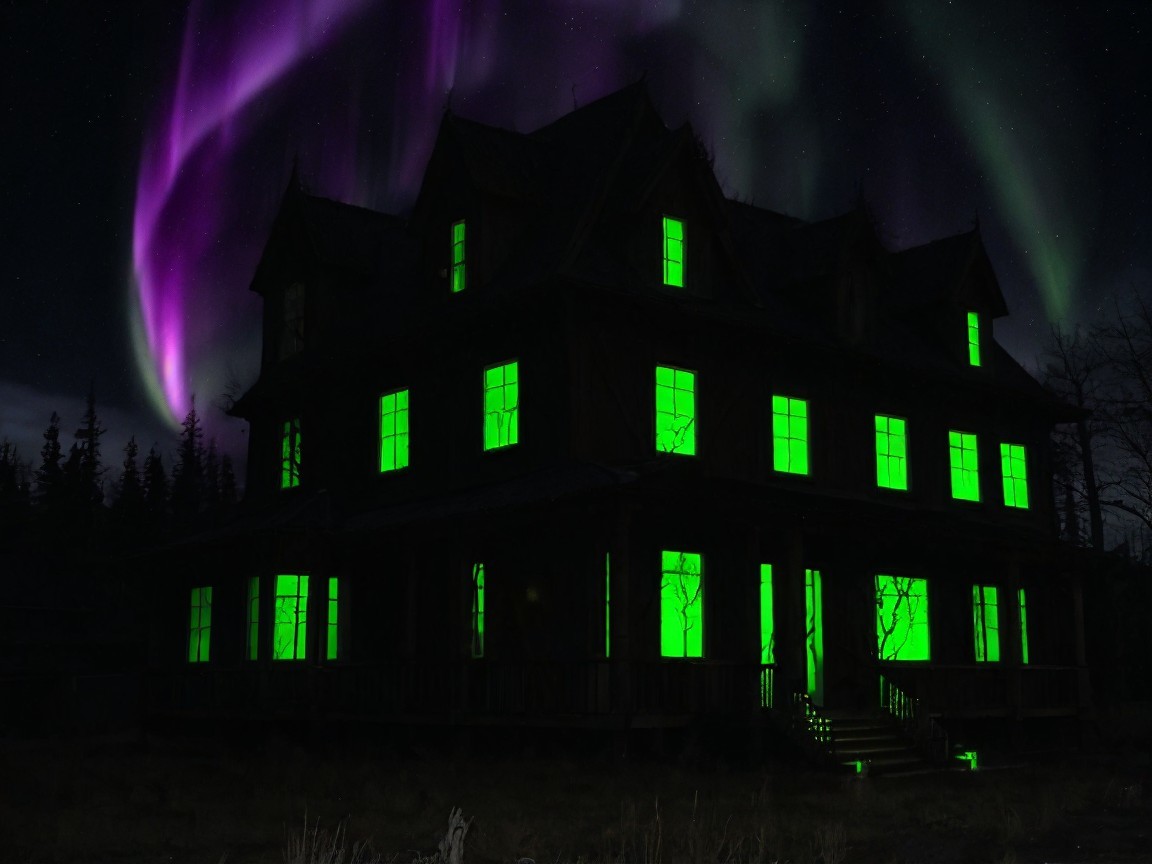 Mansion Under Starlit Sky with Eerie Auroras