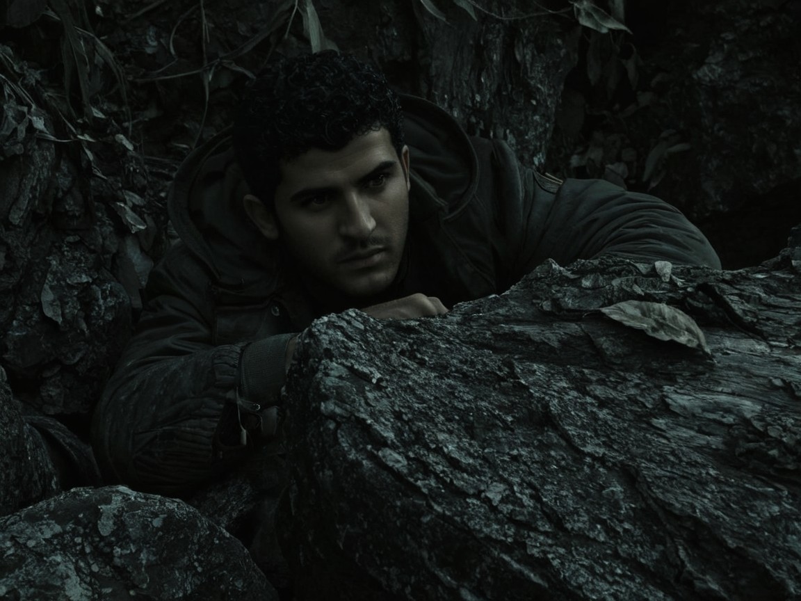 Young man crouched behind rock in shadowy surroundings