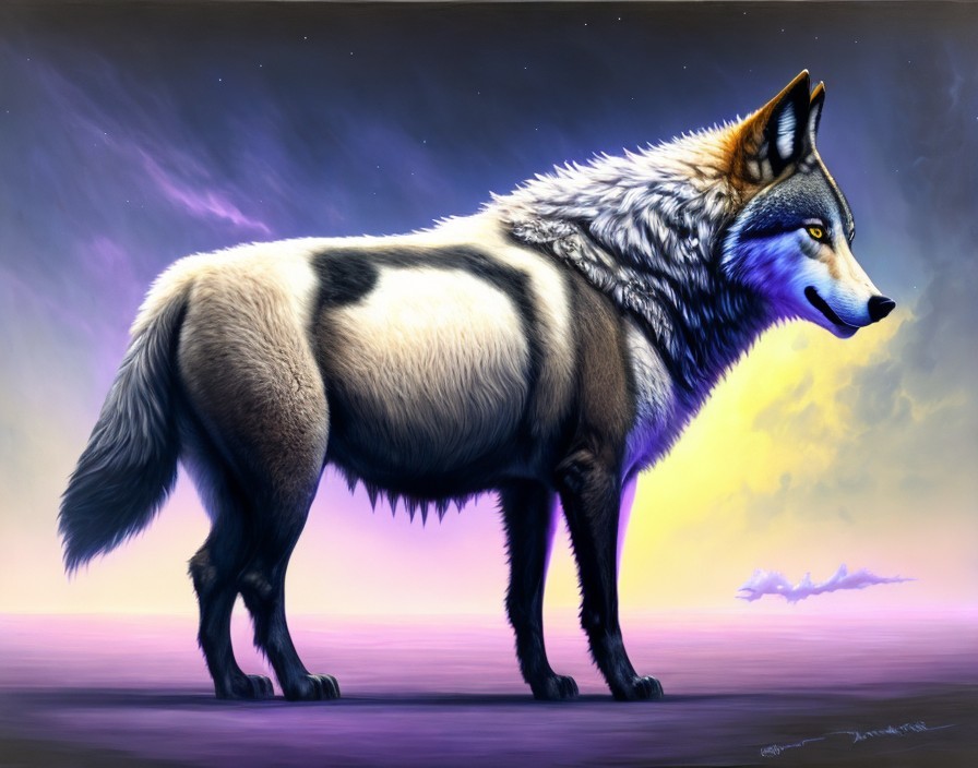 Majestic wolf in surreal landscape with vibrant colors