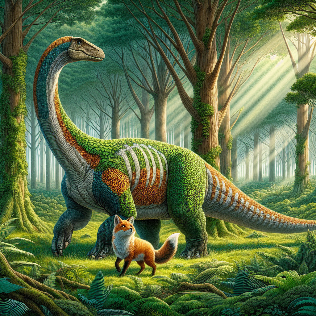 Colorful Dinosaur and Fox in Prehistoric Forest Scene