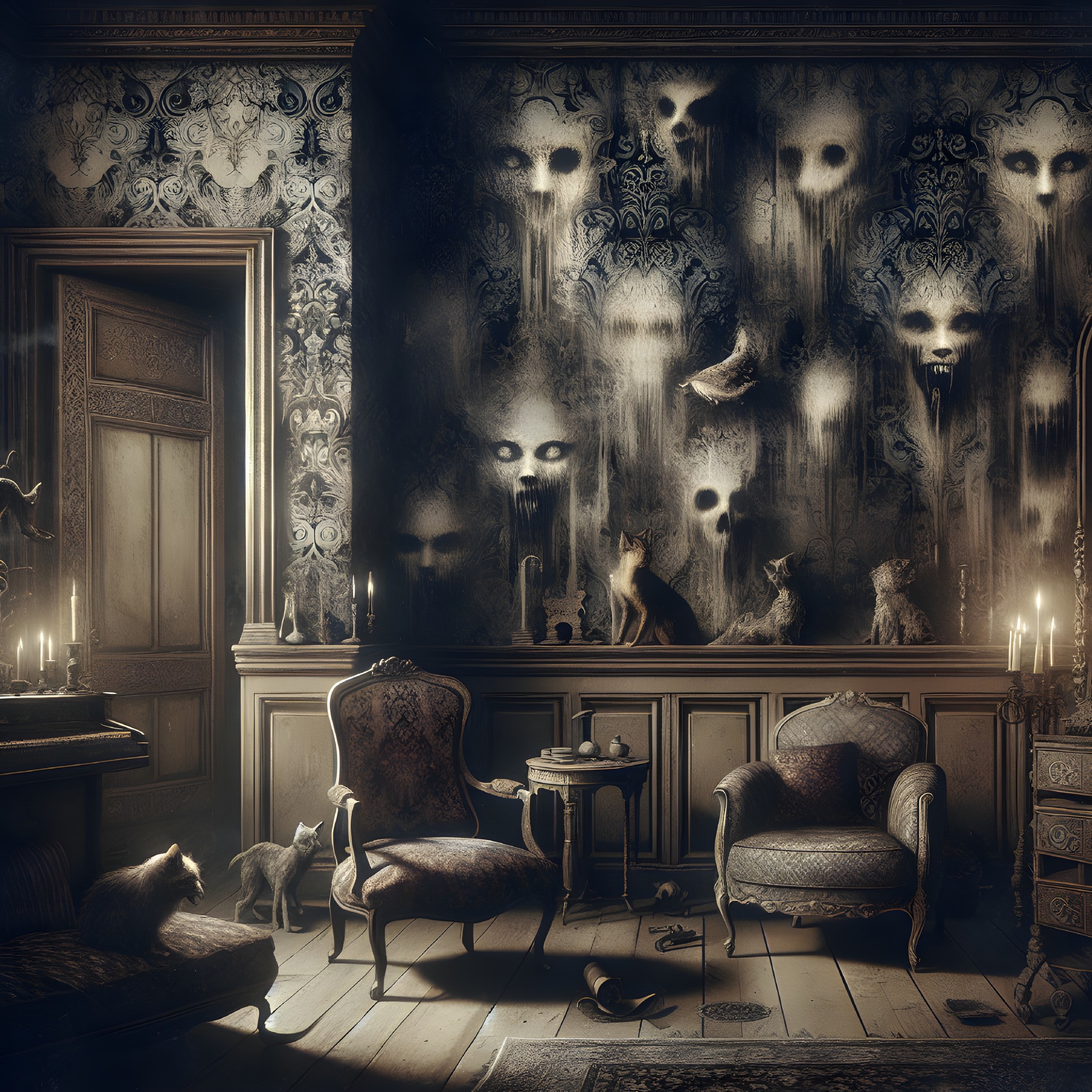 Haunting Atmosphere with Ghostly Shadows and Cats